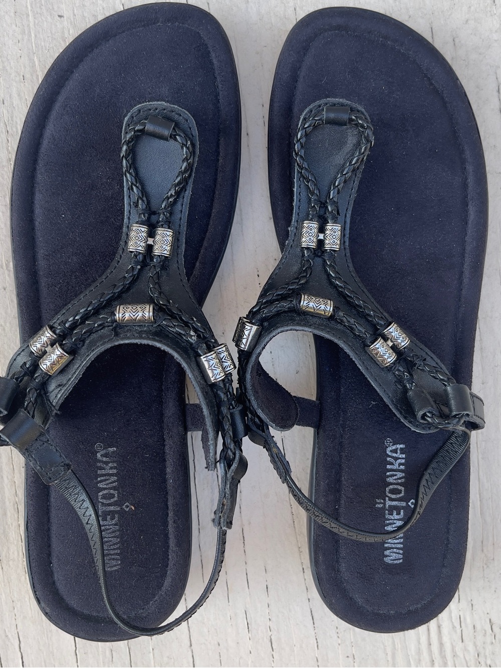 Minnetonka Pico - Black Braided Beaded Thong Sandals